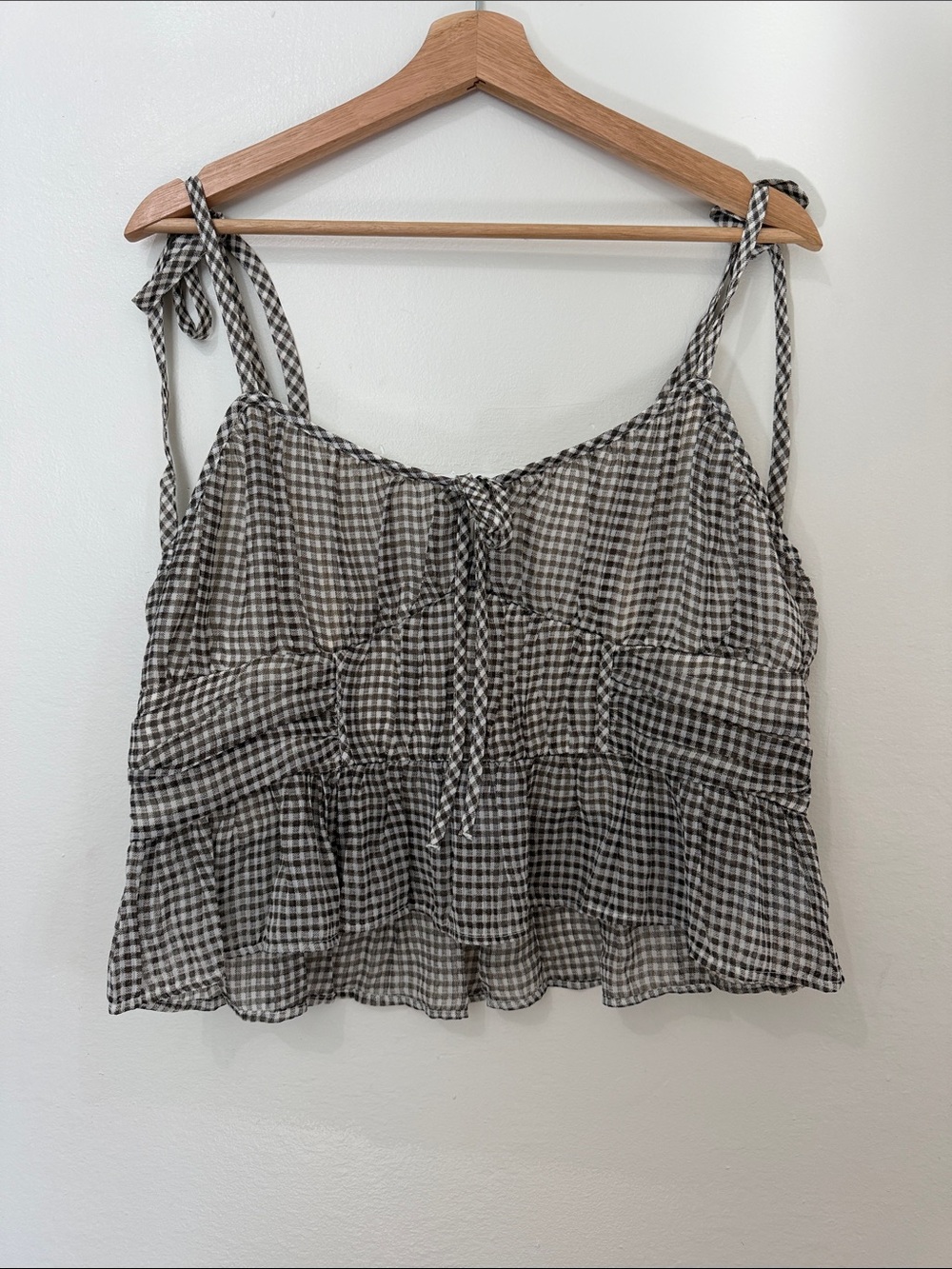 American Eagle Gingham Tie-Shoulder Ruffle Tank Top - Brown & White